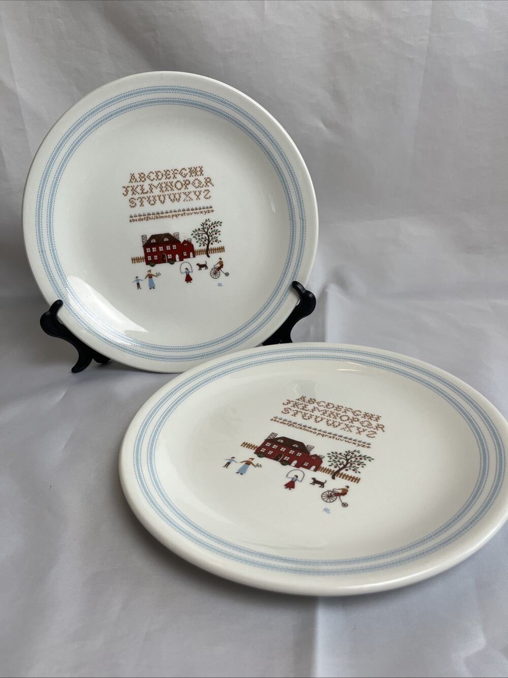 Two Ralph Lauren 7.75” Wedgwood Sampler Plates Americana Alphabet Cross Stitch